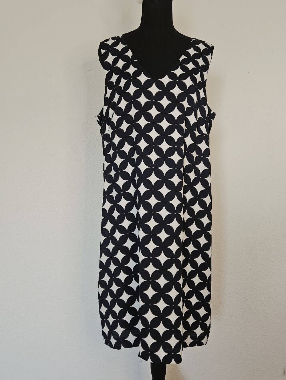 Ann Taylor Sleeveless Lined Shift Dress Zipper Polyester Navy White 16